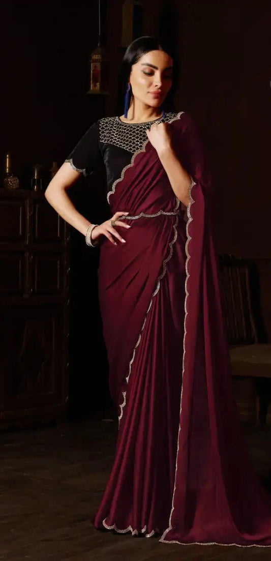 Silk Satin Chiffon Saree with Heavy Jarkan Handwork Border