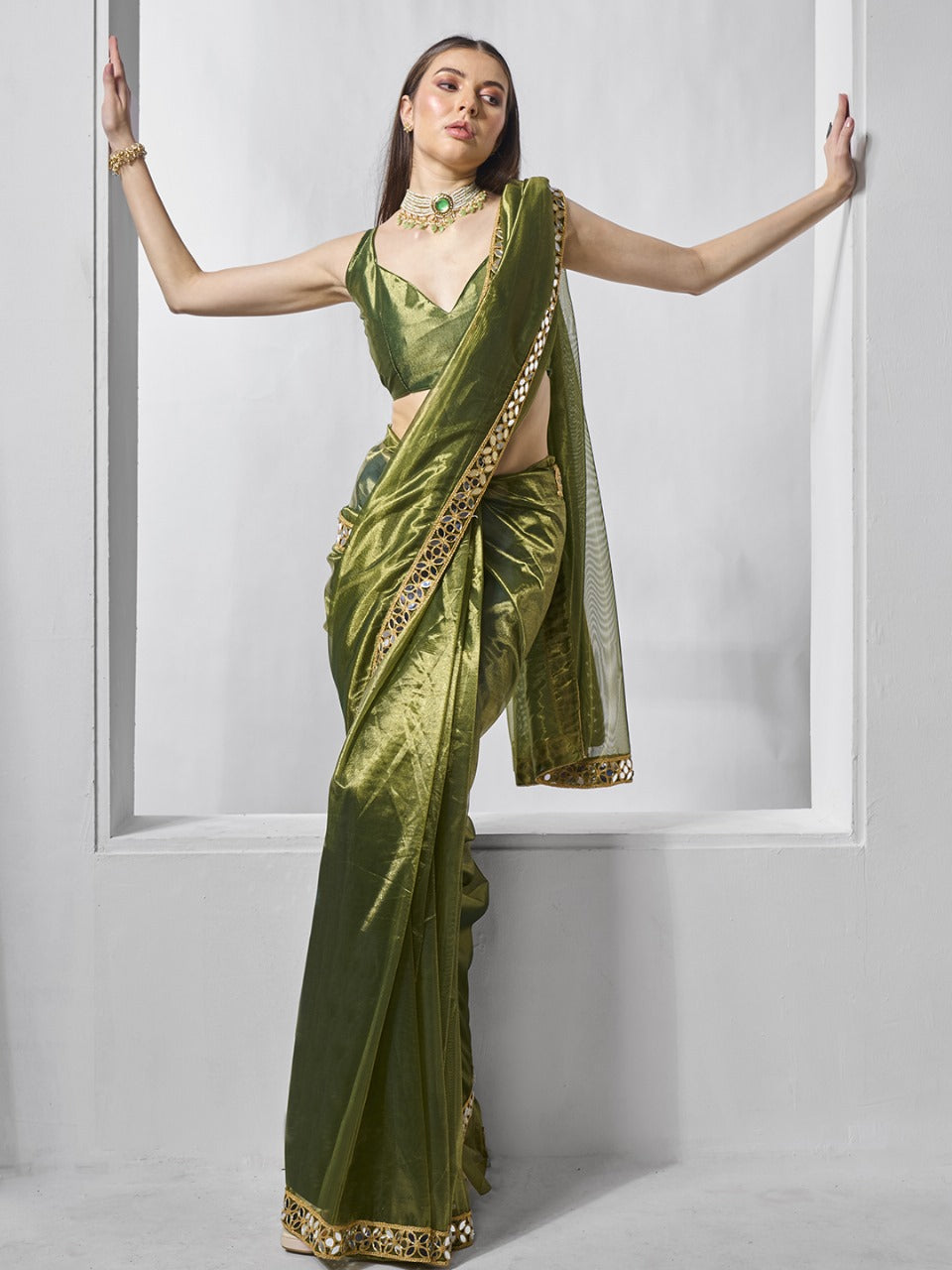 Stunning Shimmer Tissue Silk Saree with exquisite Mirror Work