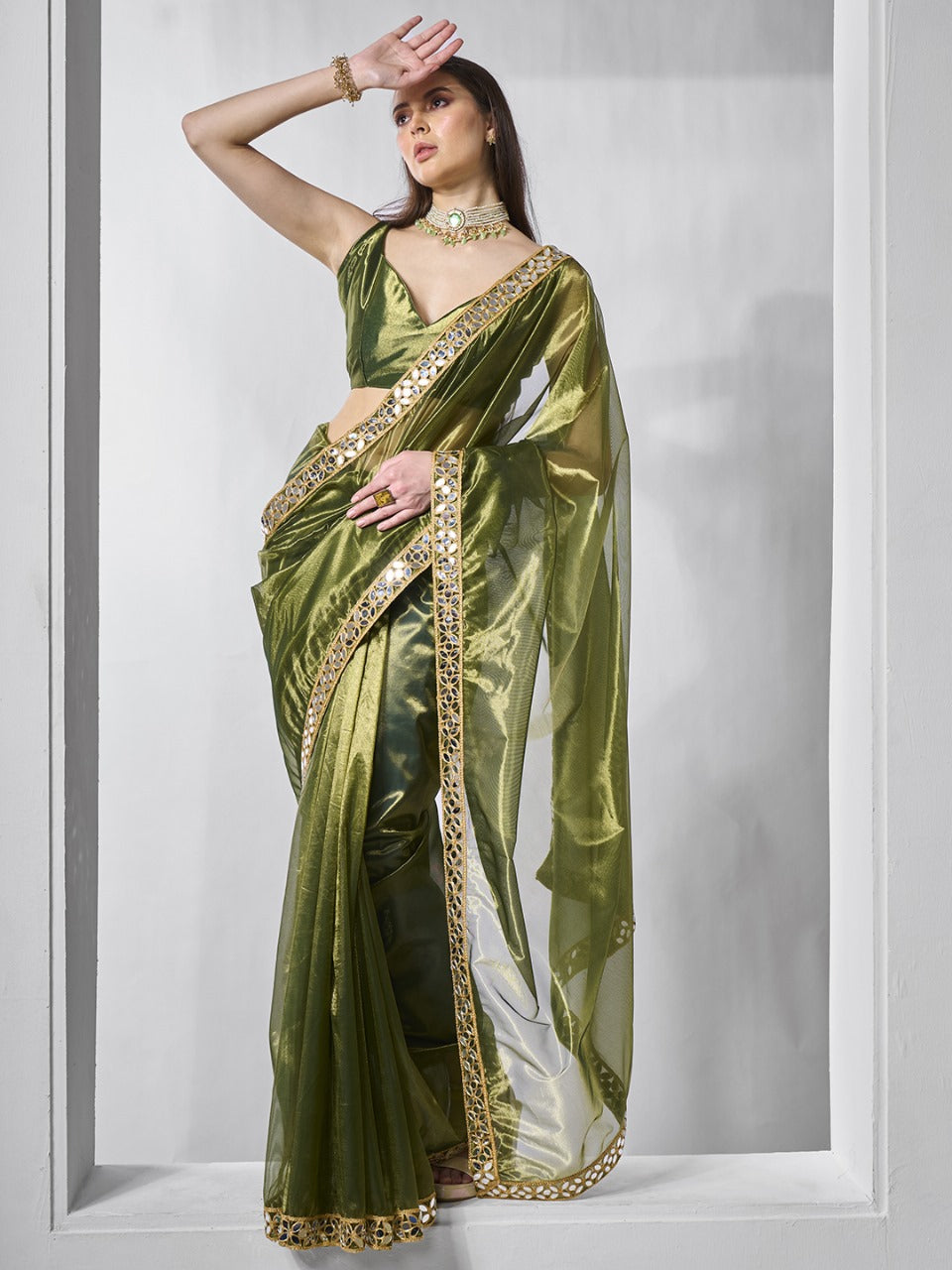 Stunning Shimmer Tissue Silk Saree with exquisite Mirror Work