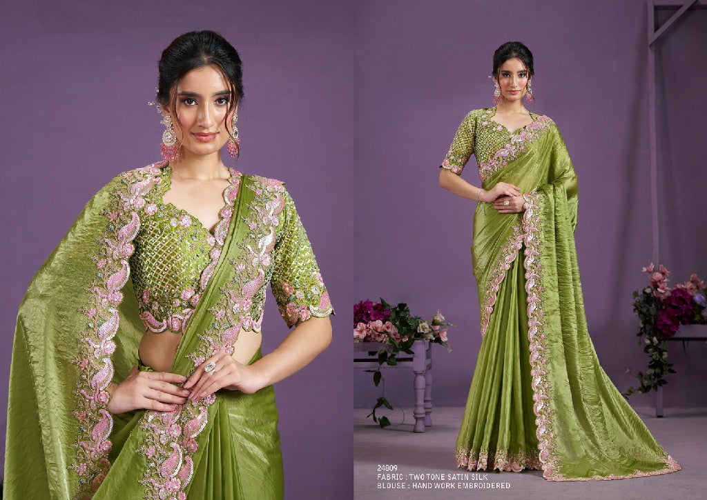 Heavy Embroidered Designer Saree in Green  – A Masterpiece of Art and Elegance