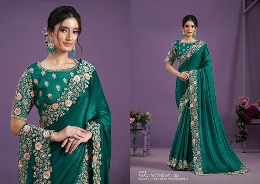 Heavy Embroidered Designer Saree In Green – A Masterpiece of Art and Elegance