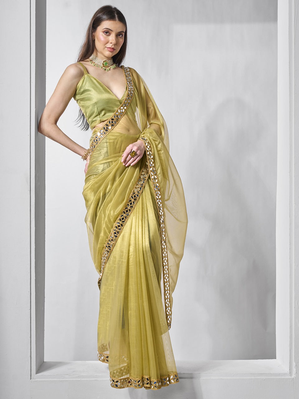 Stunning Shimmer Tissue Silk Saree with exquisite Mirror Work