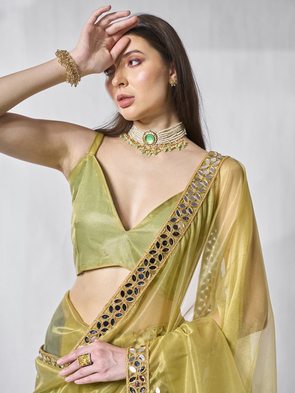 Stunning Shimmer Tissue Silk Saree with exquisite Mirror Work