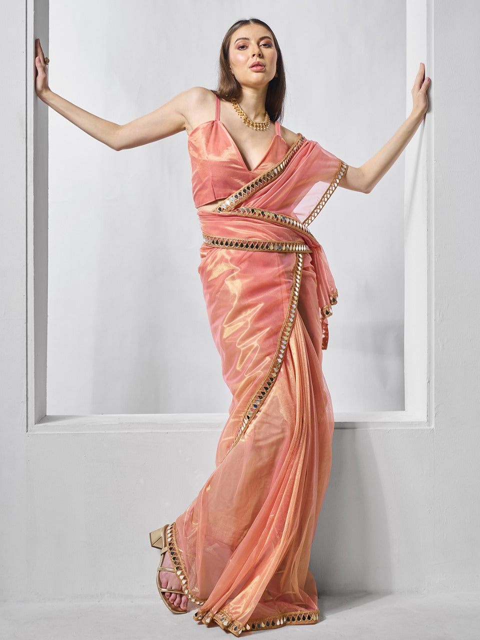 Stunning Shimmer Tissue Silk Saree with exquisite Mirror Work