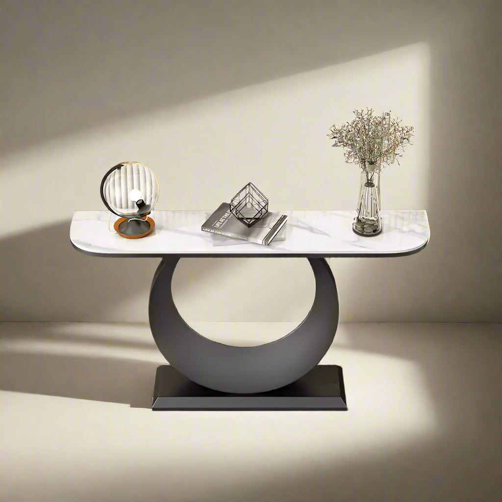 Modern White Marble-Style Console Table with Pedestal Steel Base