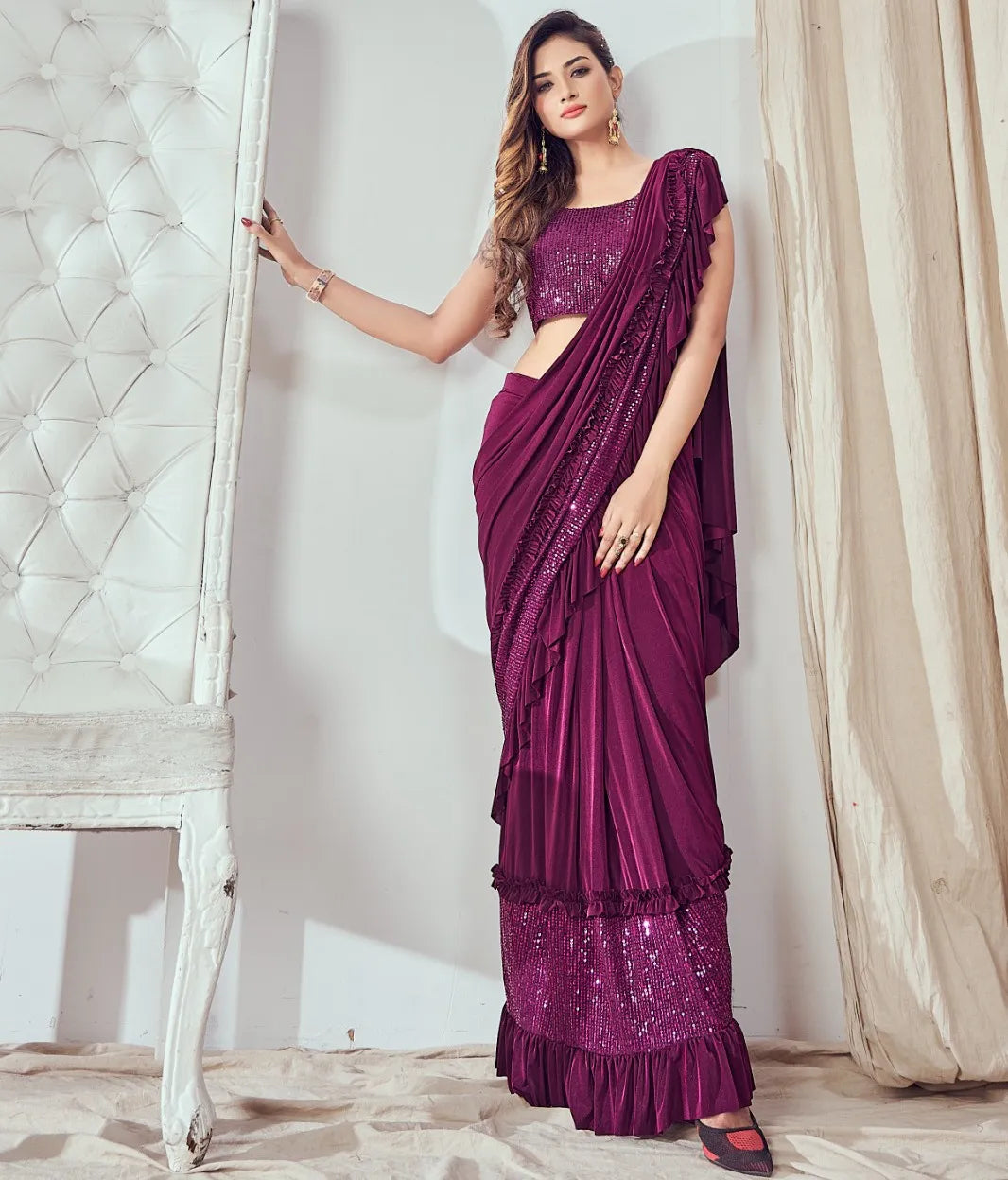 Imported Lycra Fabric Readymade Saree With Stitched Blouse