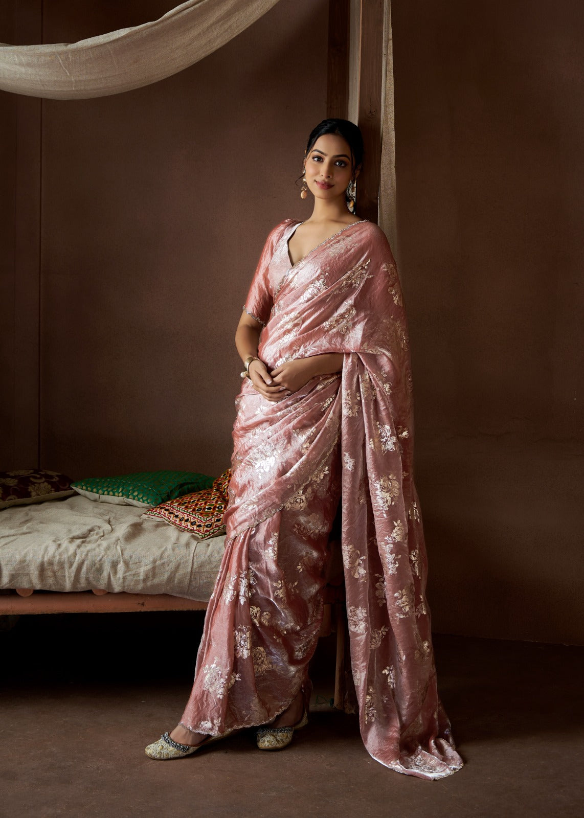 Luxurious Silk Foil Saree Intricate handwork Jarqan Design With Stitched Blouse