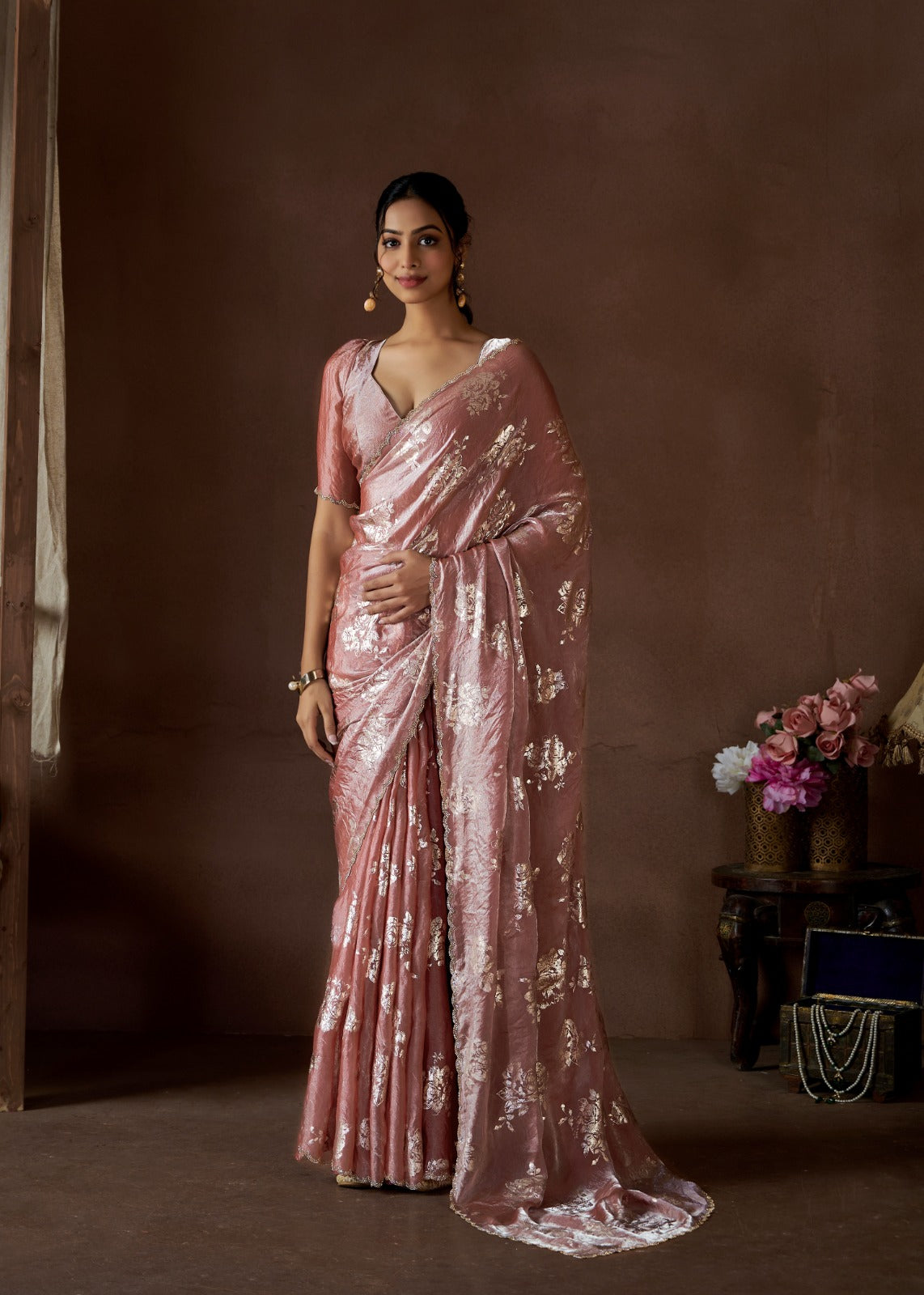 Luxurious Silk Foil Saree Intricate handwork Jarqan Design With Stitched Blouse