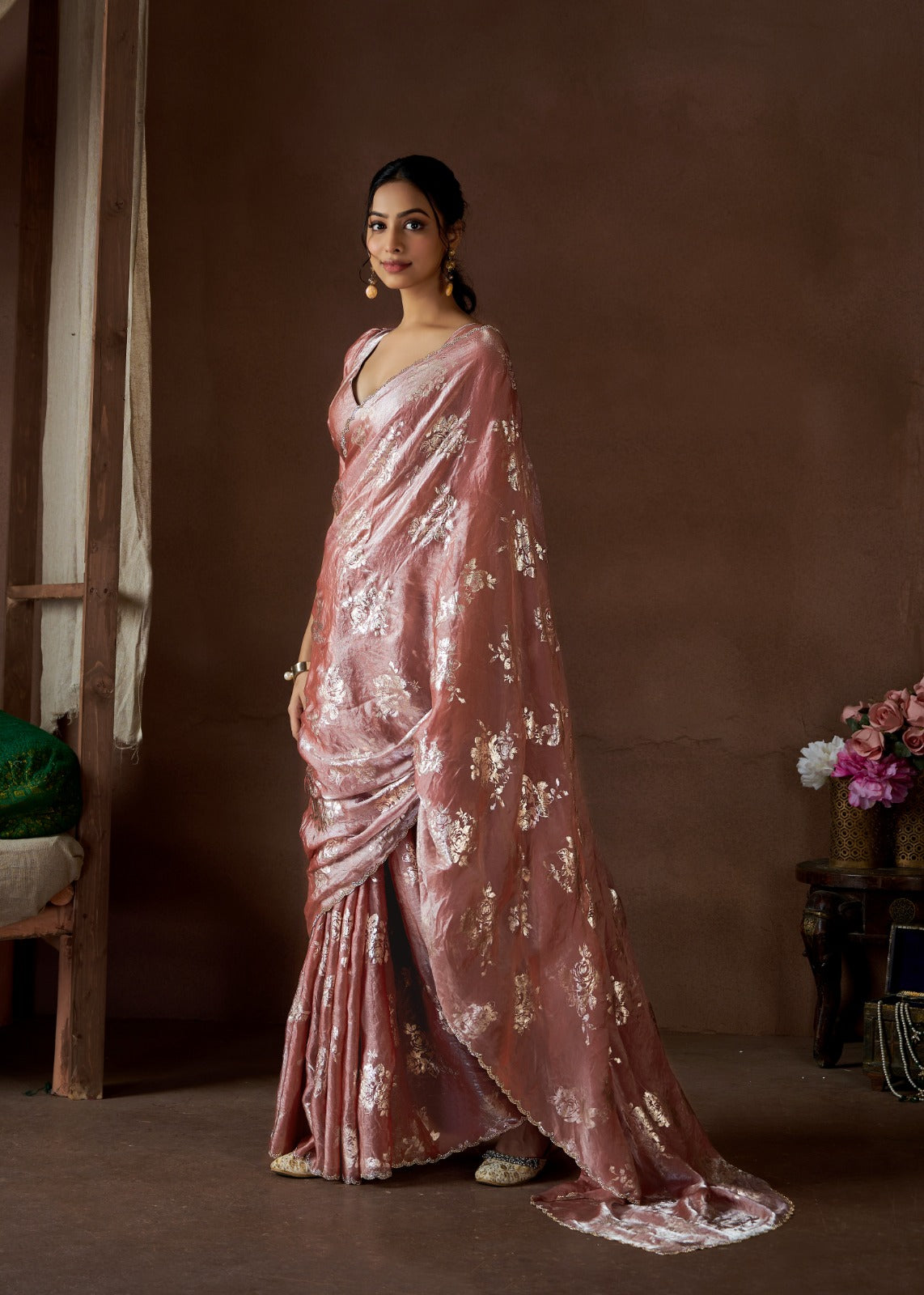 Luxurious Silk Foil Saree Intricate handwork Jarqan Design With Stitched Blouse