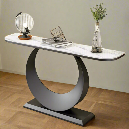 Modern White Marble-Style Console Table with Pedestal Steel Base